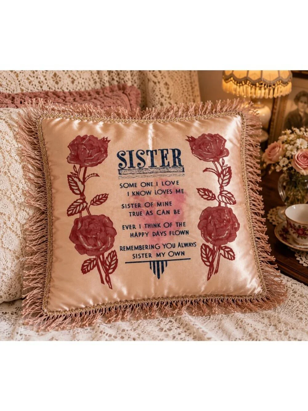 Vintage Pink Champagne Satin Sister Poem Pillow Cover Fringed Roses 16
